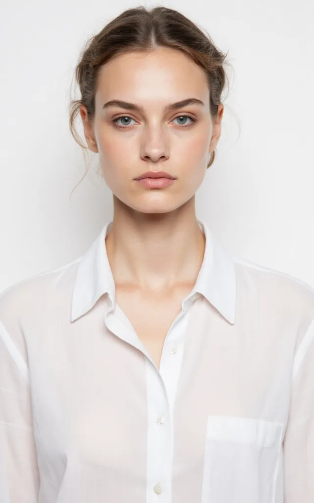 A French female model with a Matte makeup style, wearing a shirt, against a white background, in a front   facing bust portrait